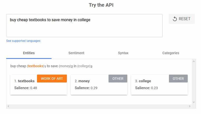 Entity SEO: Google Cloud NLP API demo analyzes the sentence "buy cheap textbooks to save money in college" and returns the same entities in our analysis