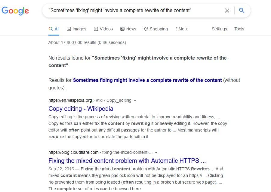 Thin content: example of using Google search operators